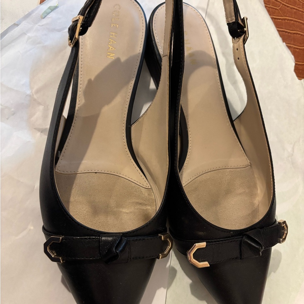 Cole Haan Black Slingback Heels with Gold Accents
